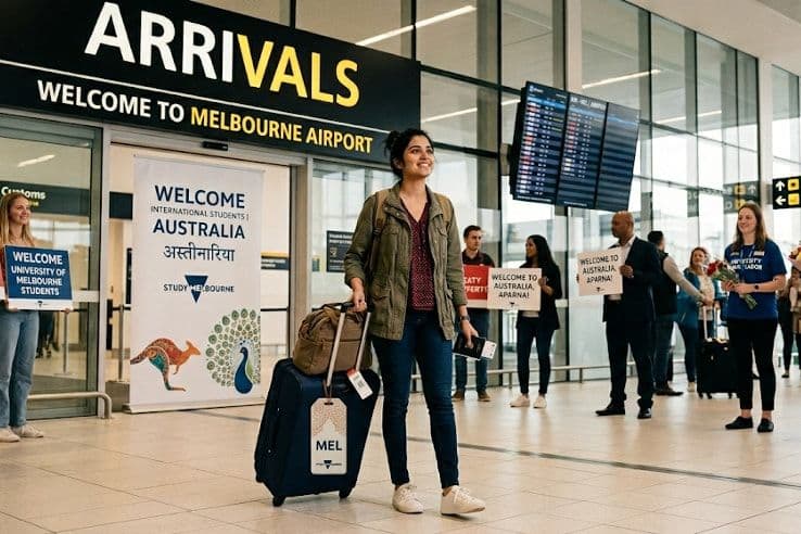 An international student smiles as she walks through Melbourne Airport arrivals, suitcase in hand, welcomed by Study Melbourne ambassadors holding signs.